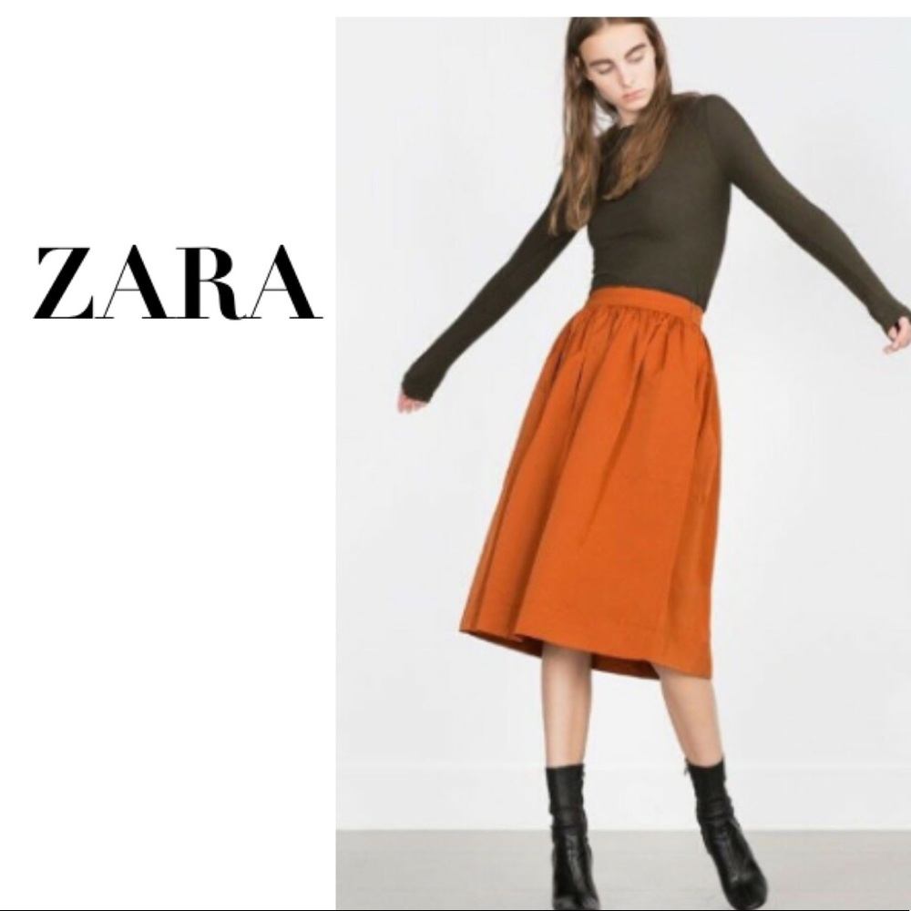 ZARA BURNT ORANGE FULL SKIRT MIDI KNEE LENGTH S